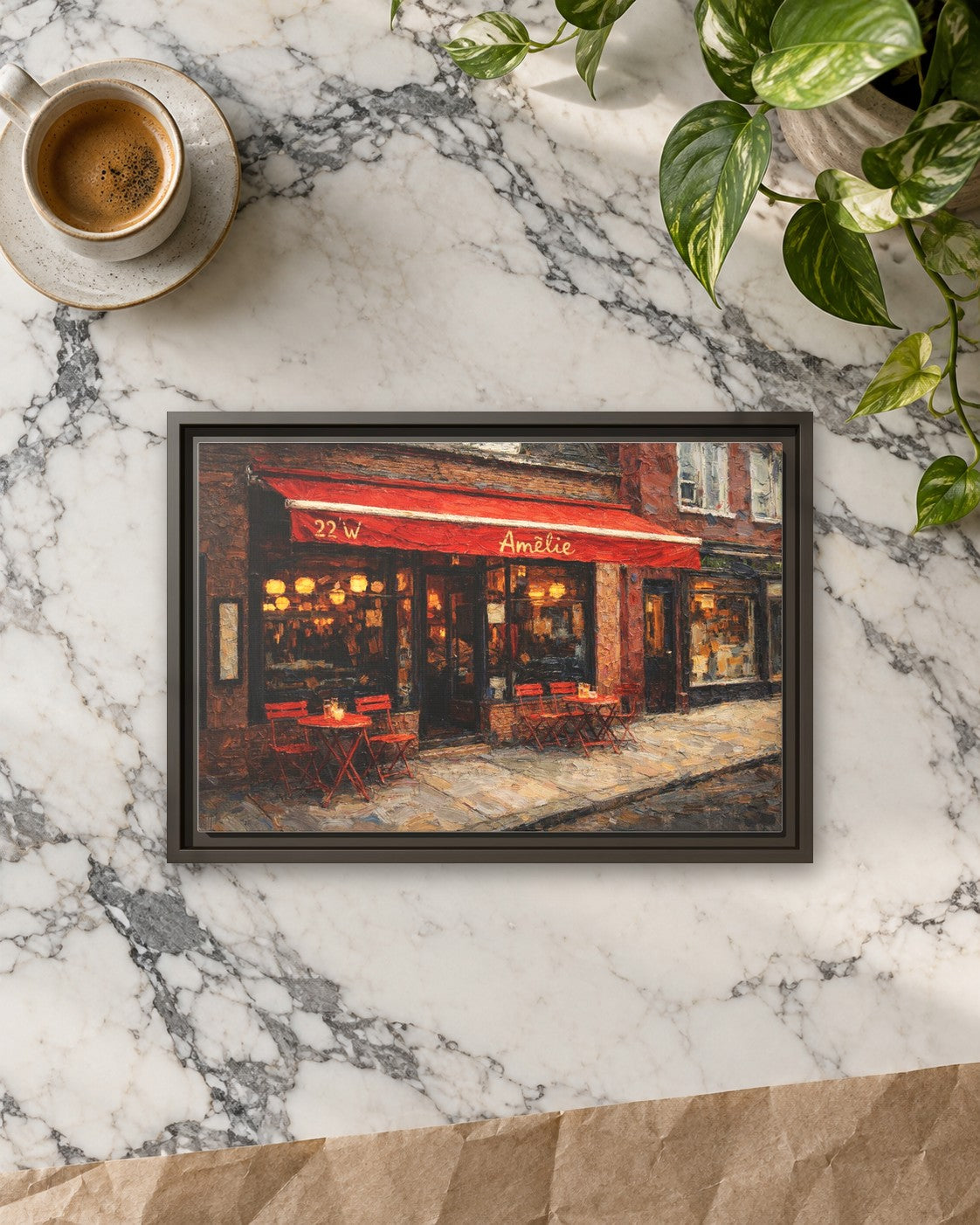 Amelie framed canvas print lying on a table