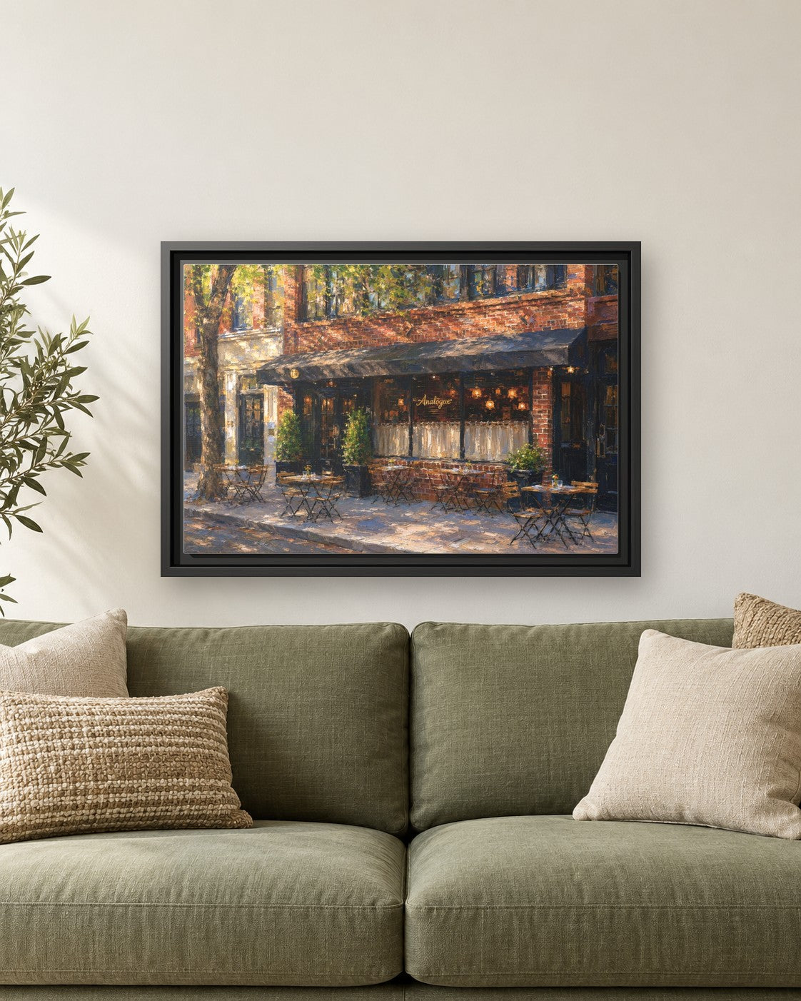 Analogue framed canvas print hanging above a sofa