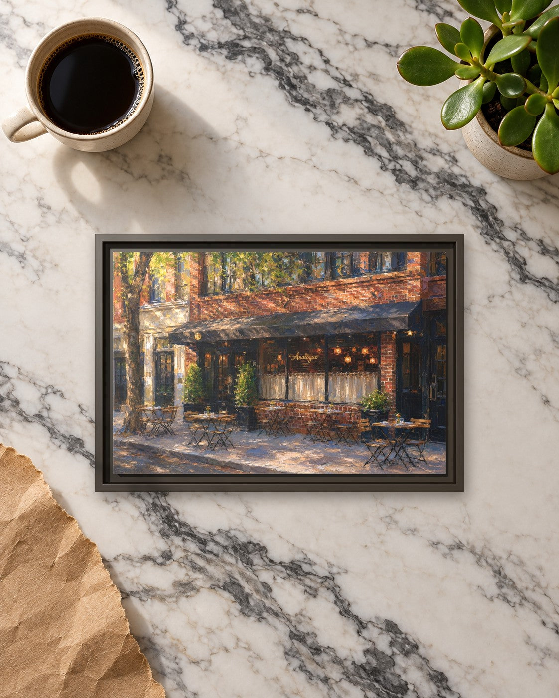 Analogue framed canvas print lying on a table