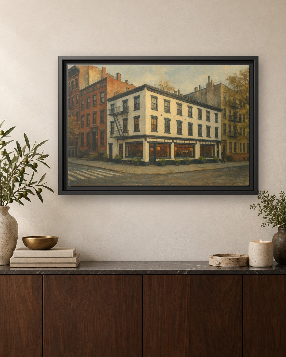 Anton's framed canvas print hanging above a credenza