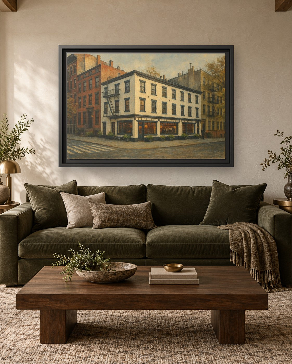 Anton's framed canvas print hanging above a sofa