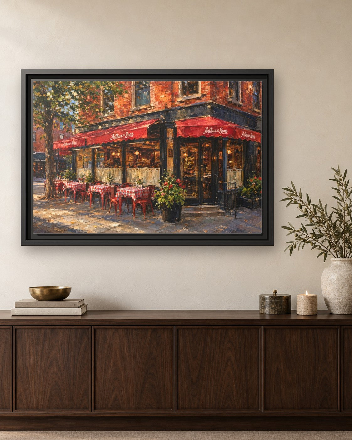 Arthur & Sons framed canvas print hanging above a credenza