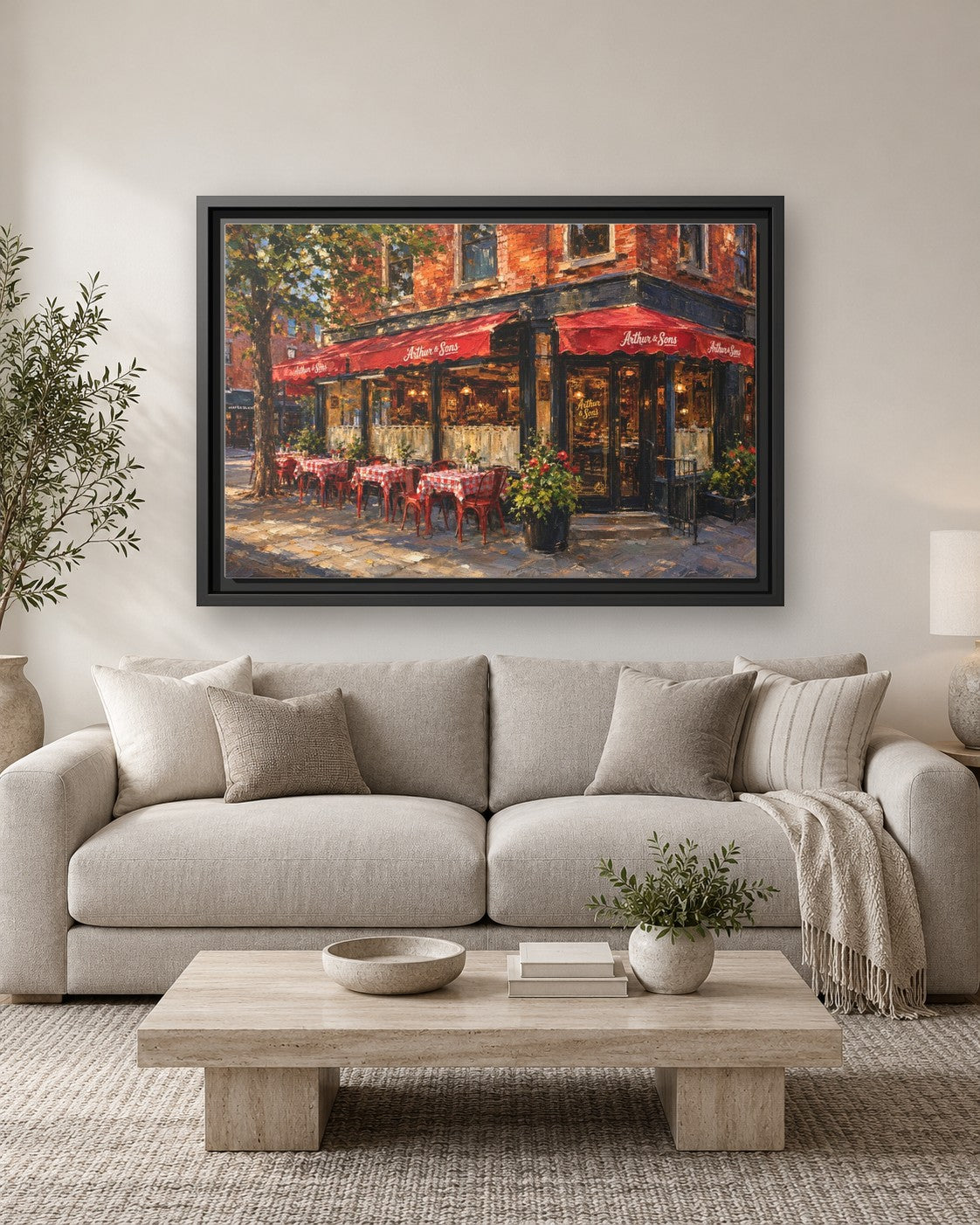 Arthur & Sons framed canvas print hanging above a sofa