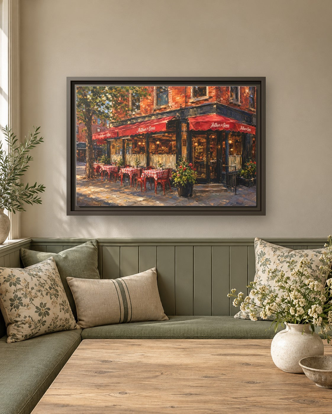 Arthur & Sons framed canvas print in a breakfast nook