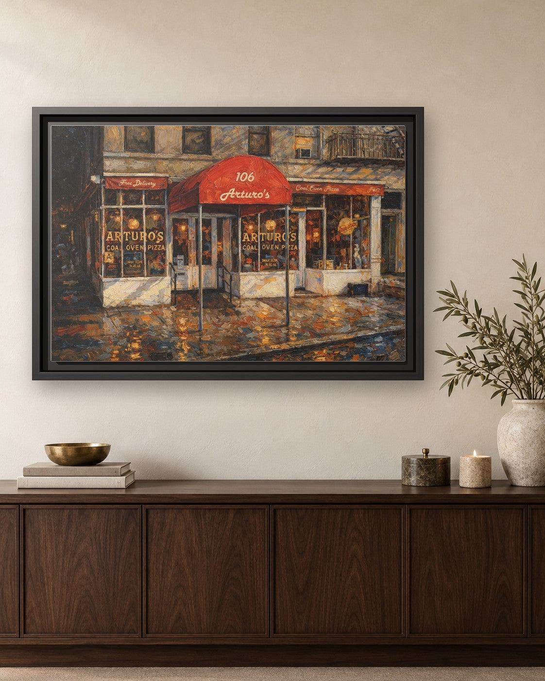 Arturo's Coal Oven Pizza framed canvas print hanging above a credenza