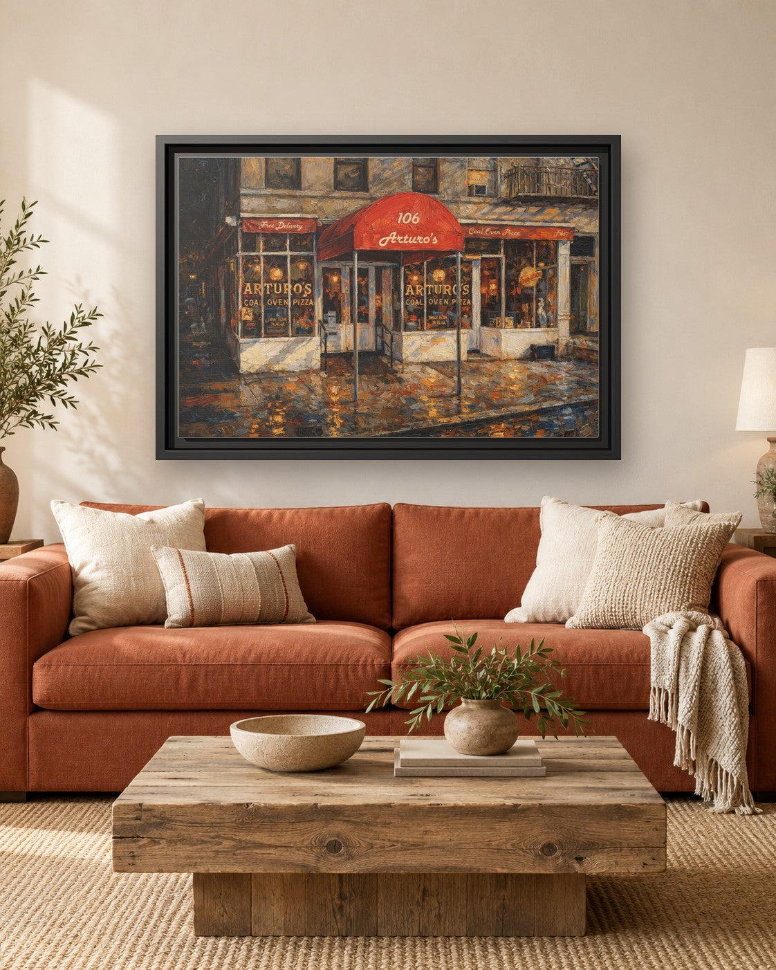 Arturo's Coal Oven Pizza framed canvas print hanging above a sofa
