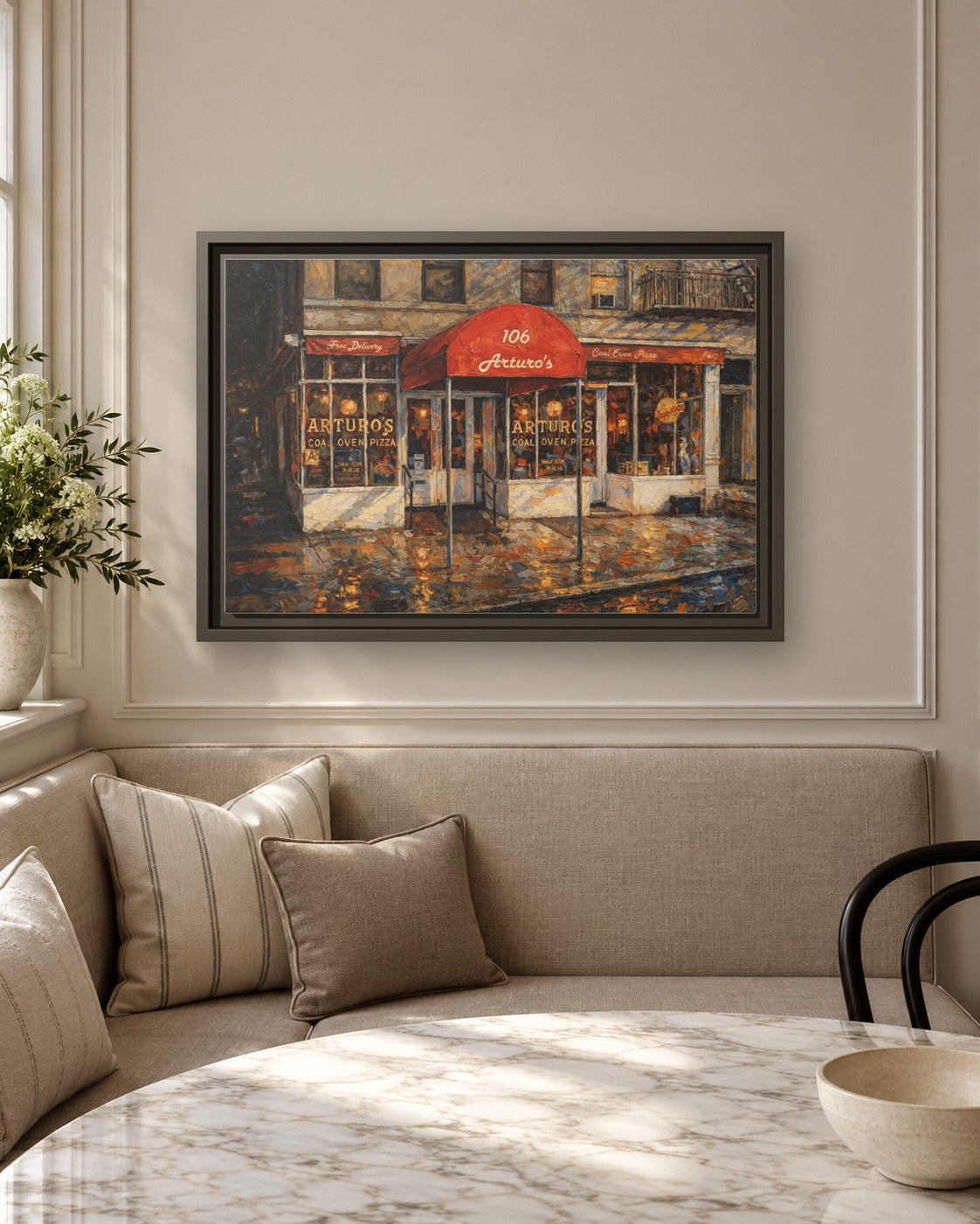 Arturo's Coal Oven Pizza framed canvas print in a breakfast nook
