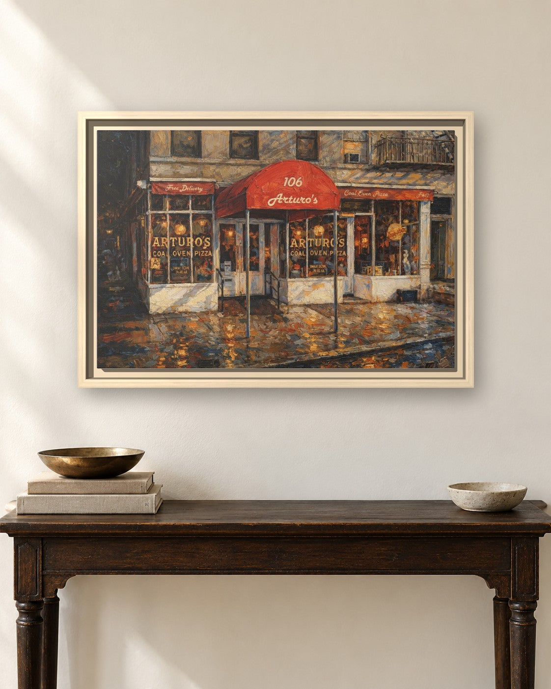 Arturo's Coal Oven Pizza framed canvas print hanging above a sideboard