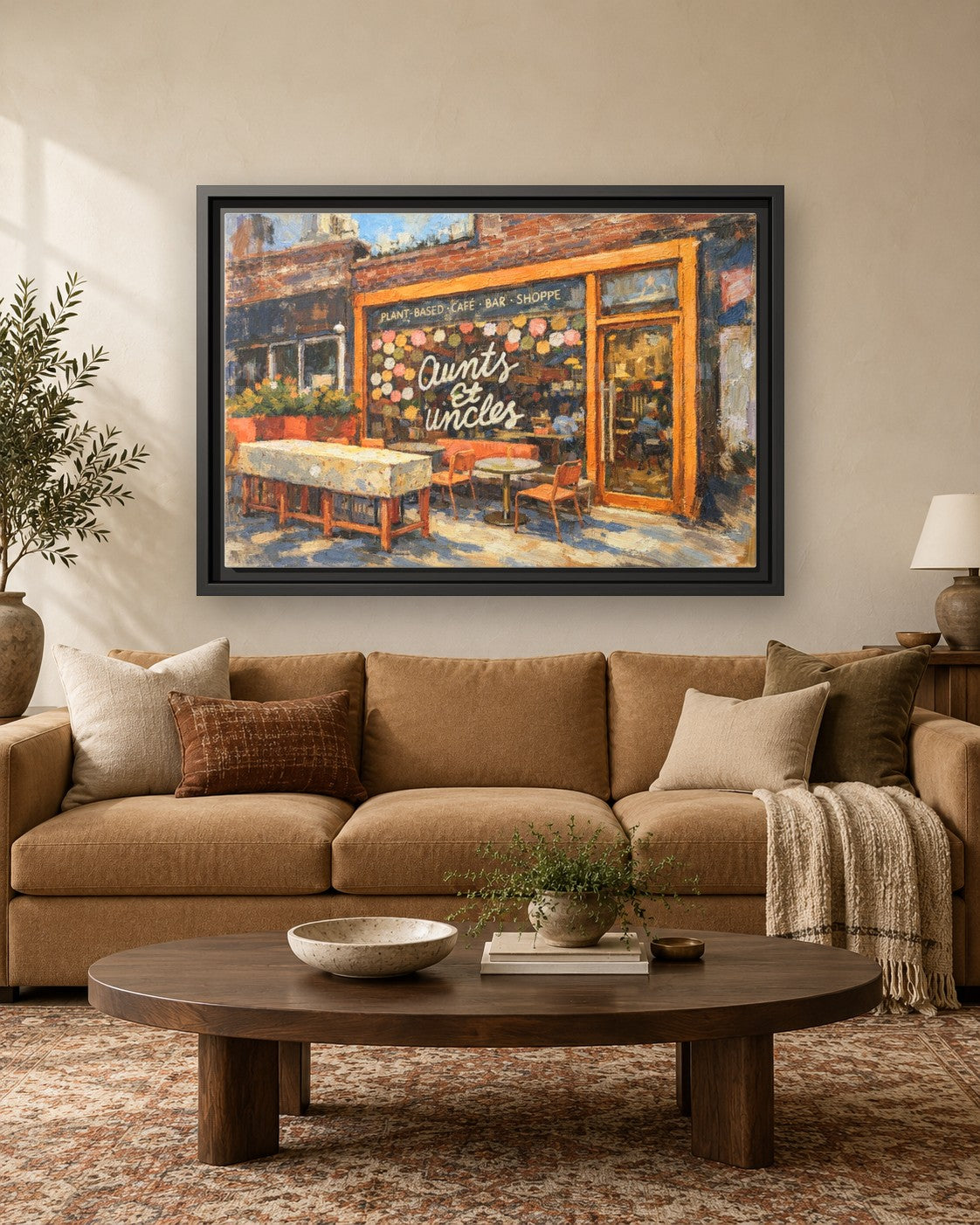 Aunts et Uncles framed canvas print hanging above a sofa