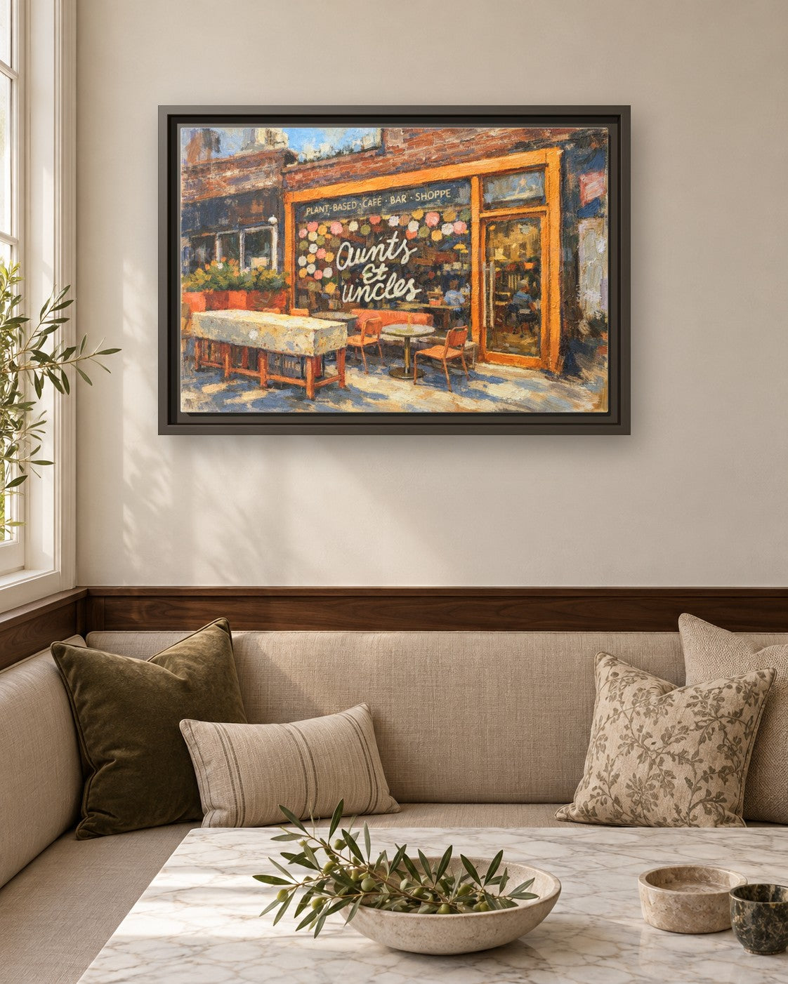Aunts et Uncles framed canvas print in a breakfast nook