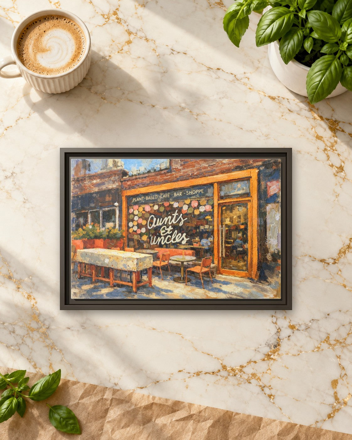 Aunts et Uncles framed canvas print lying on a table