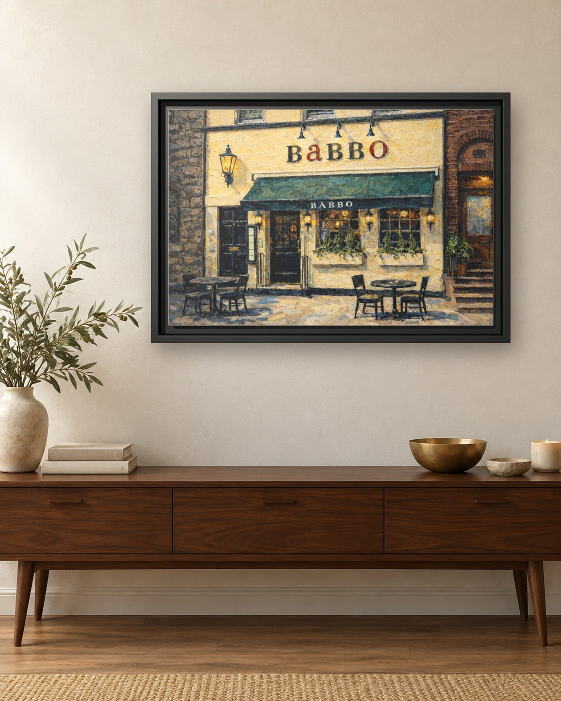 Babbo framed canvas print hanging above a credenza