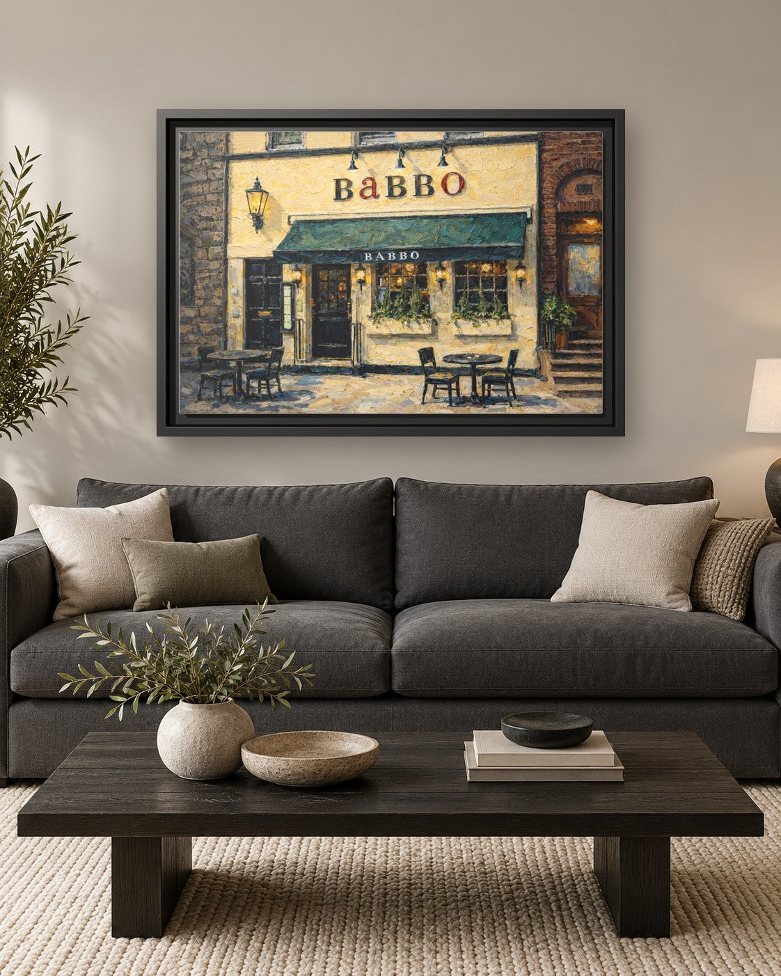 Babbo framed canvas print hanging above a sofa