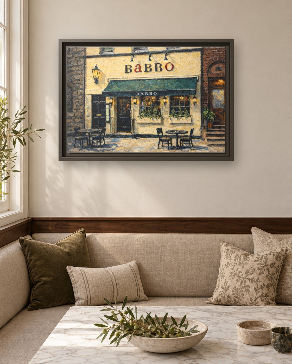 Babbo framed canvas print in a breakfast nook