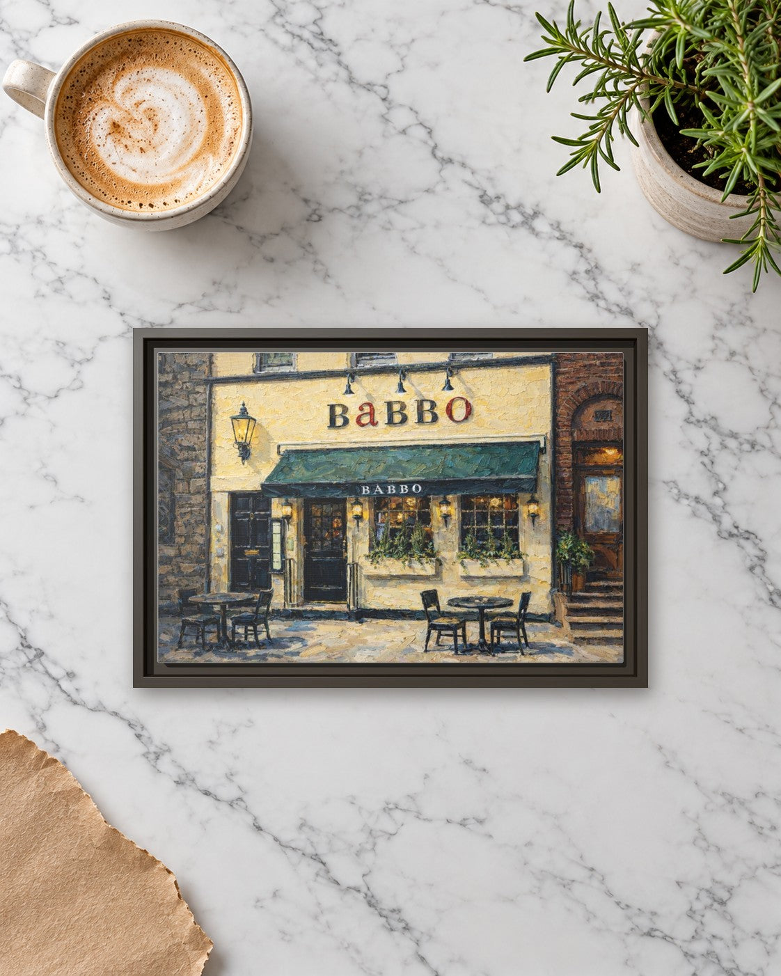 Babbo framed canvas print lying on a table