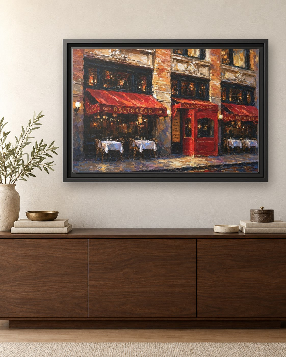 Balthazar II framed canvas print hanging above a credenza