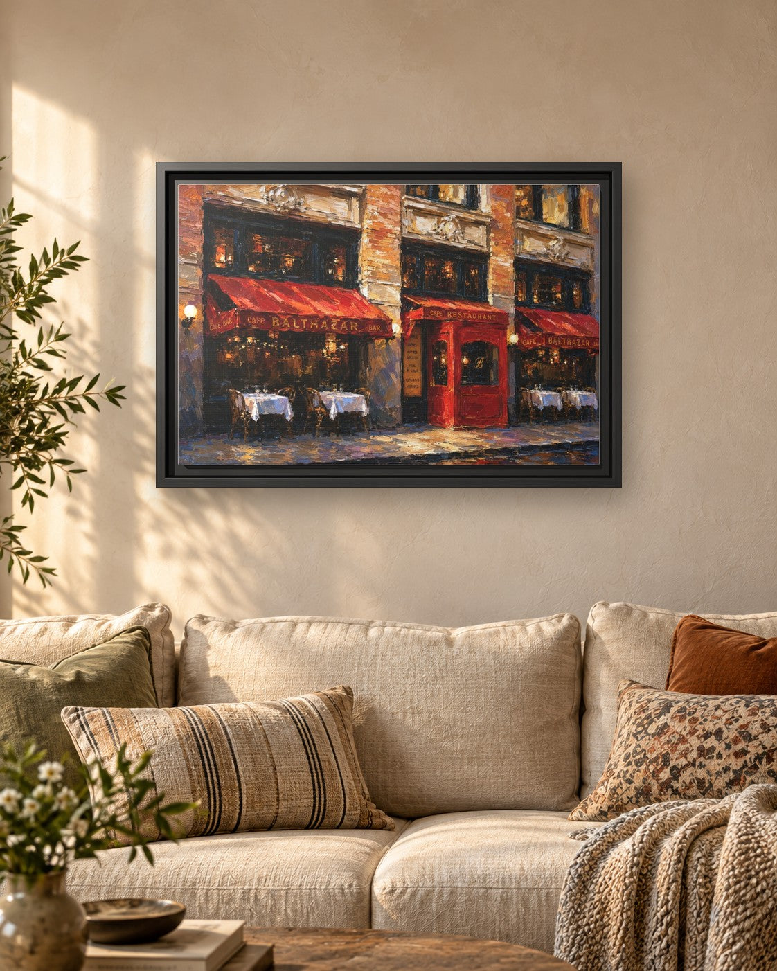 Balthazar II framed canvas print hanging above a sofa