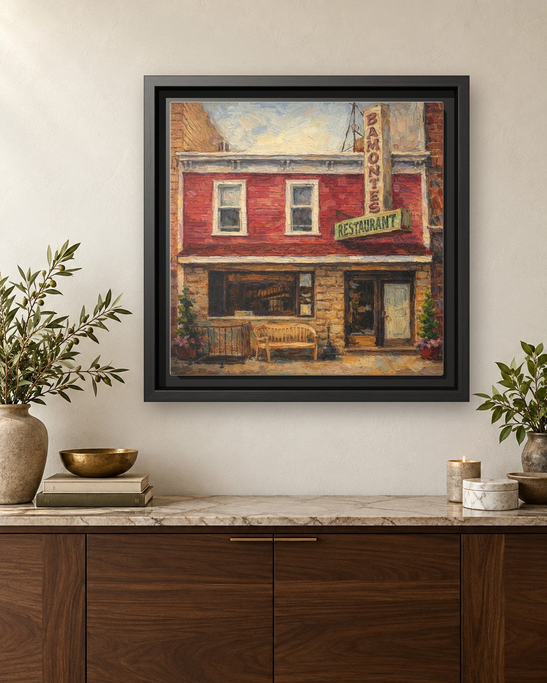 Bamonte's framed canvas print hanging above a credenza
