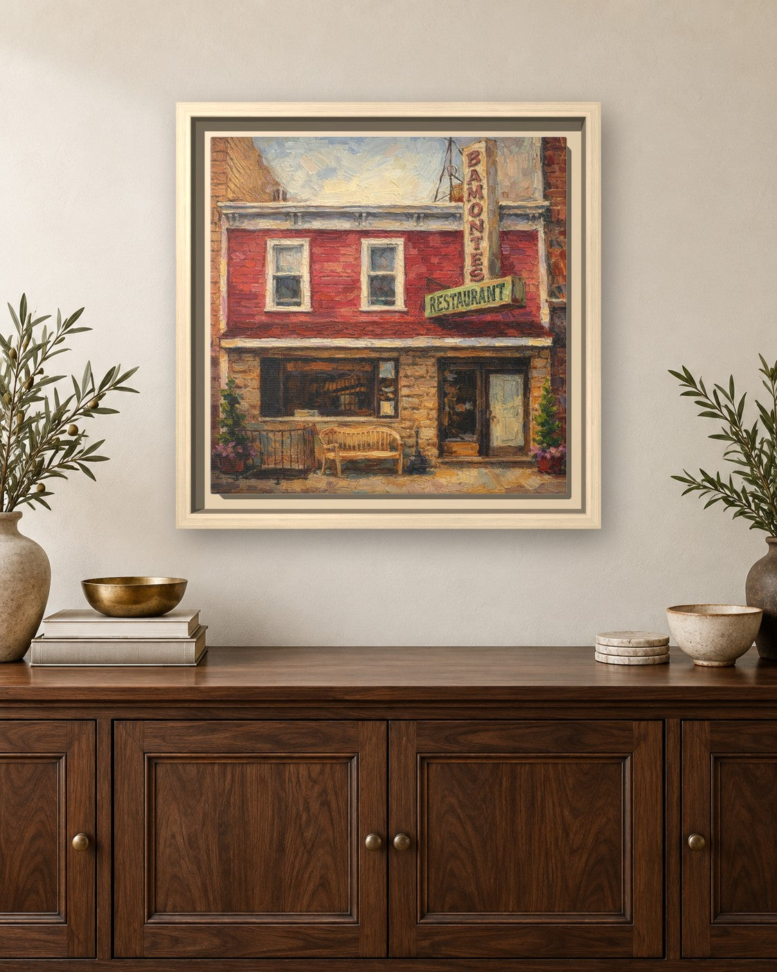 Bamonte's framed canvas print hanging above a sideboard