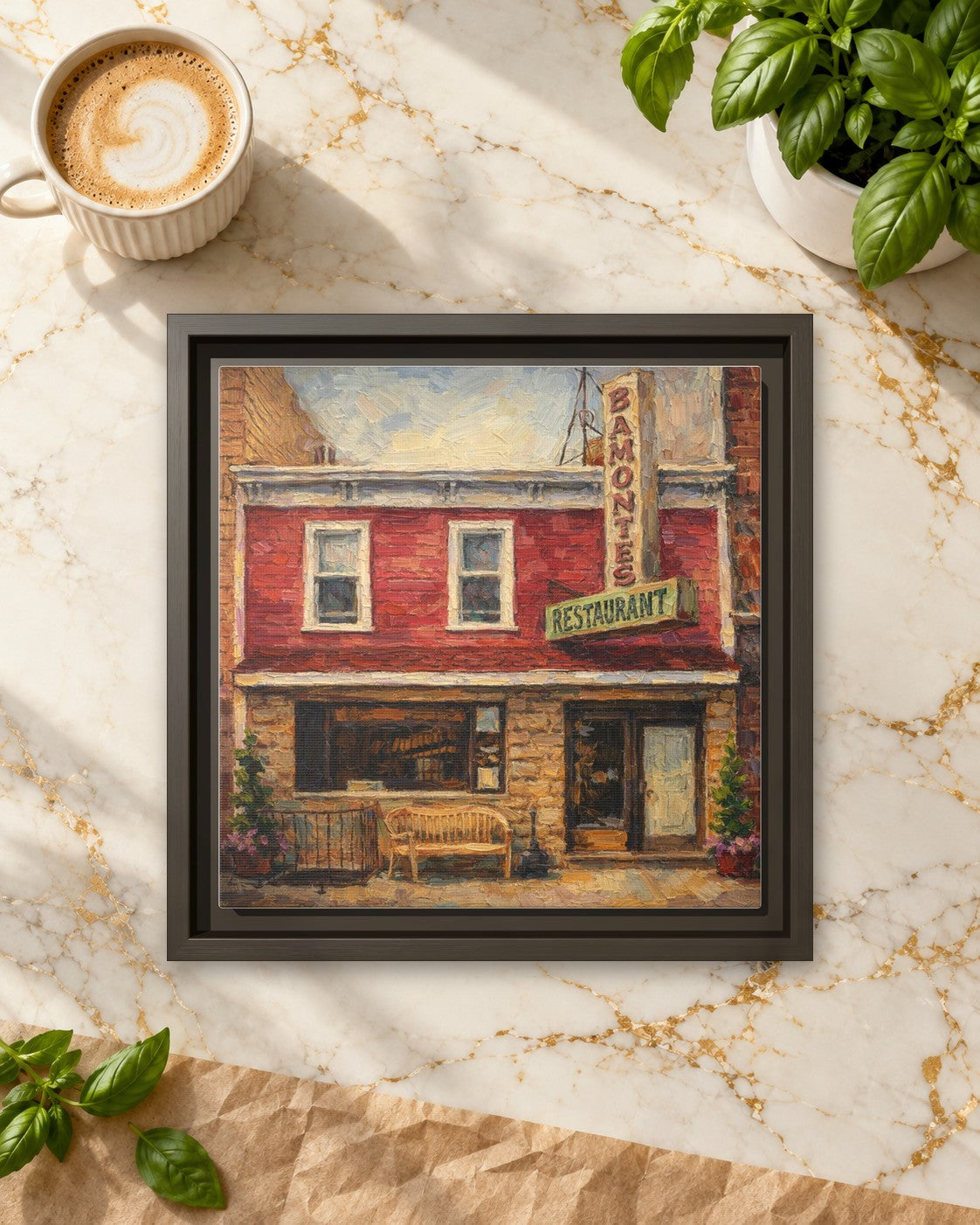 Bamonte's framed canvas print lying on a table