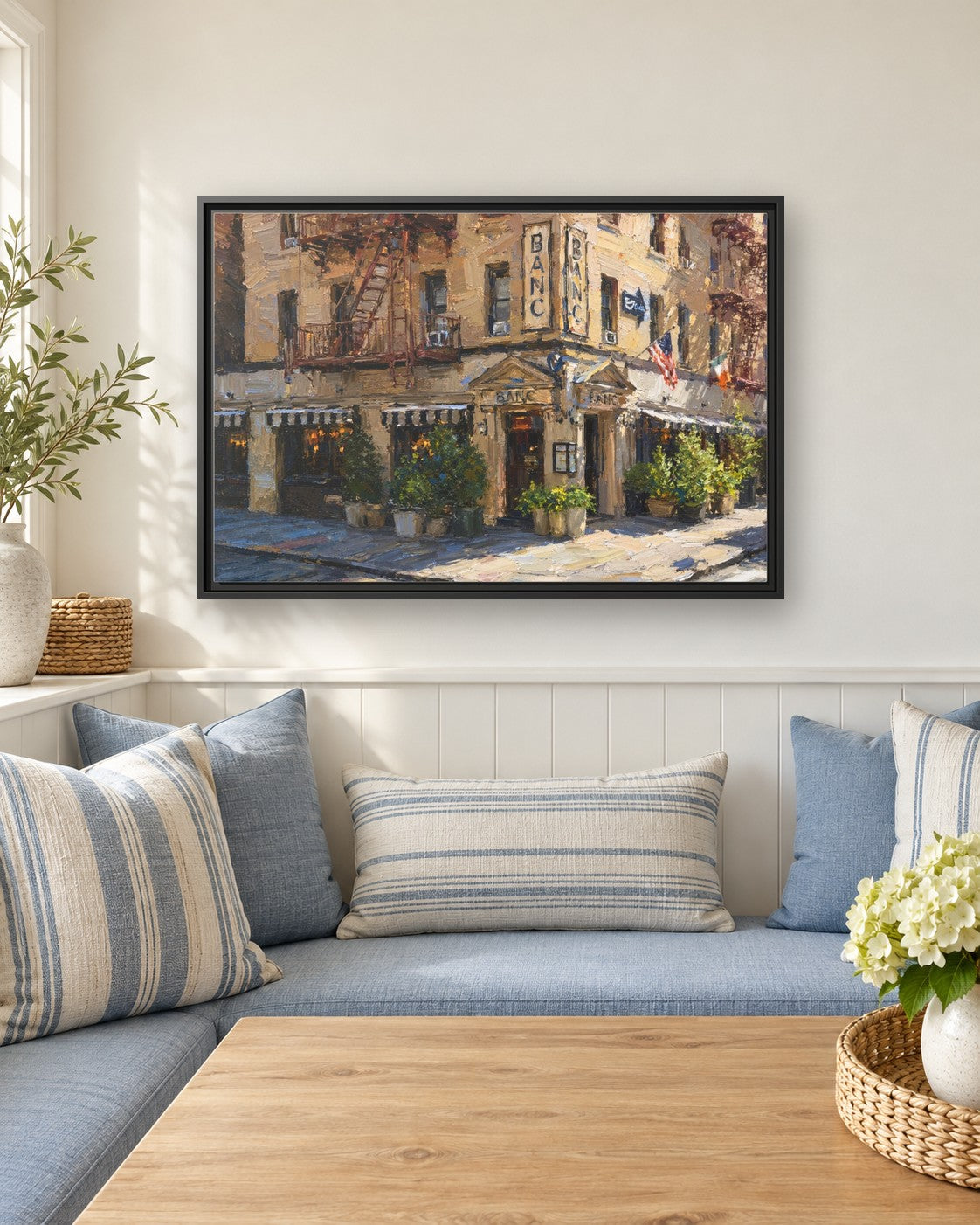 Banc Cafe framed canvas print in a breakfast nook