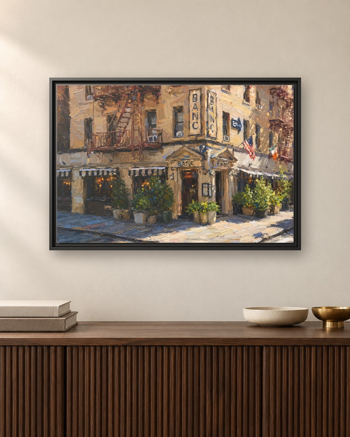 Banc Cafe framed canvas print hanging above a sideboard
