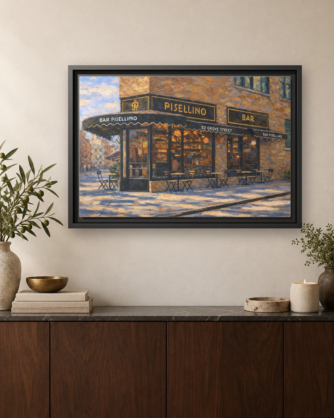 Bar Pisellino framed canvas print hanging above a credenza