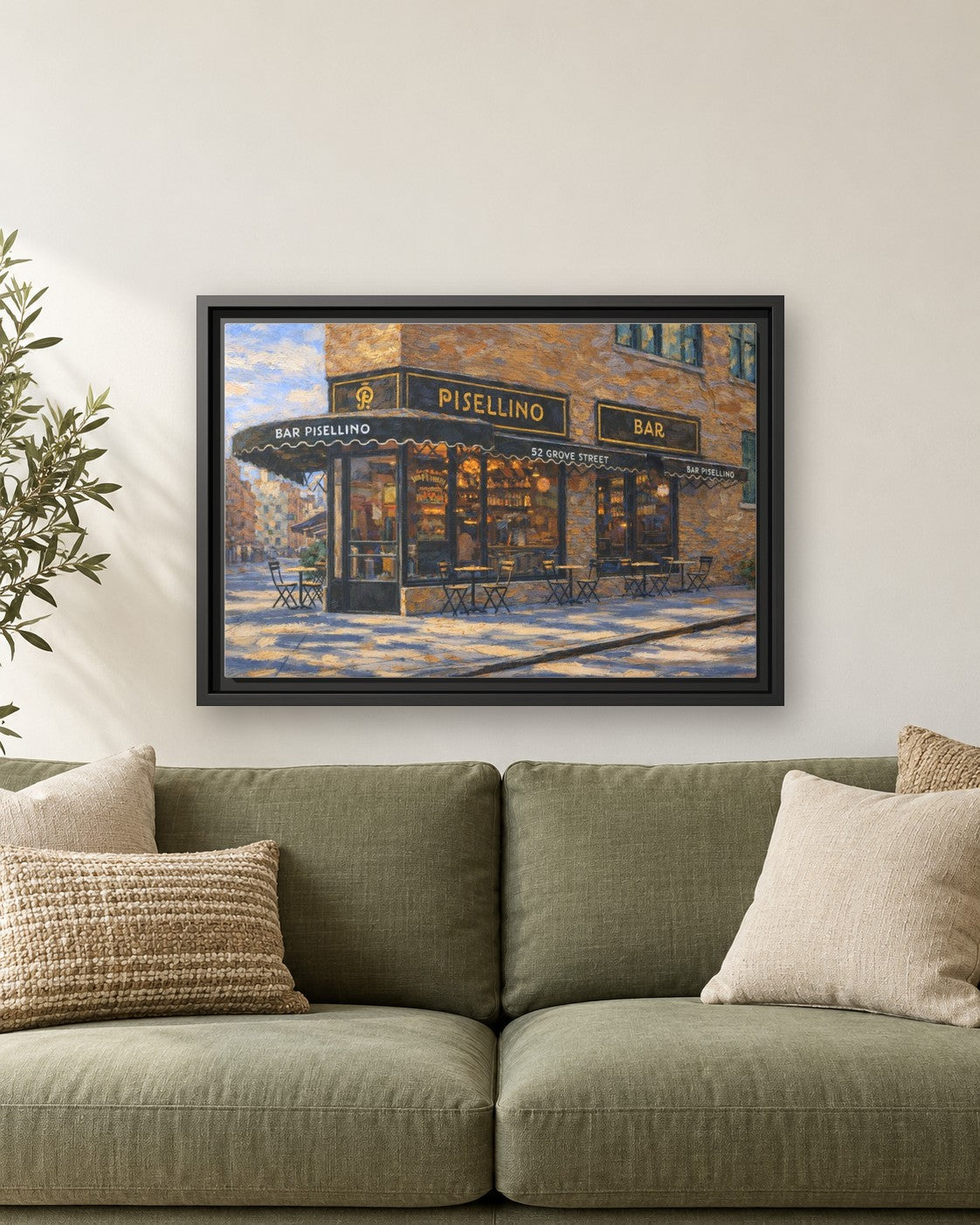 Bar Pisellino framed canvas print hanging above a sofa