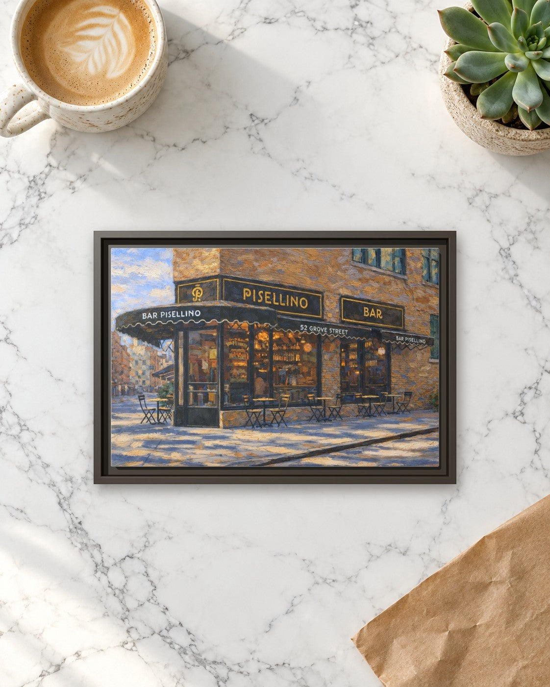 Bar Pisellino framed canvas print lying on a table