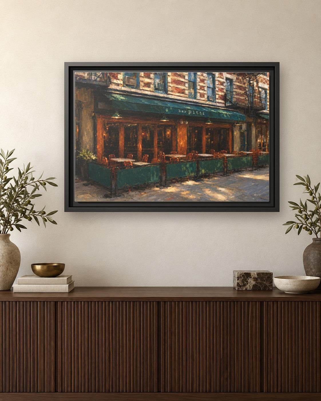 Bar Pitti framed canvas print hanging above a credenza