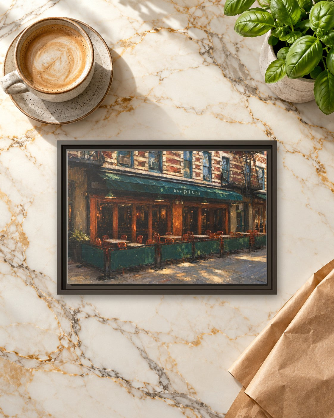 Bar Pitti framed canvas print lying on a table