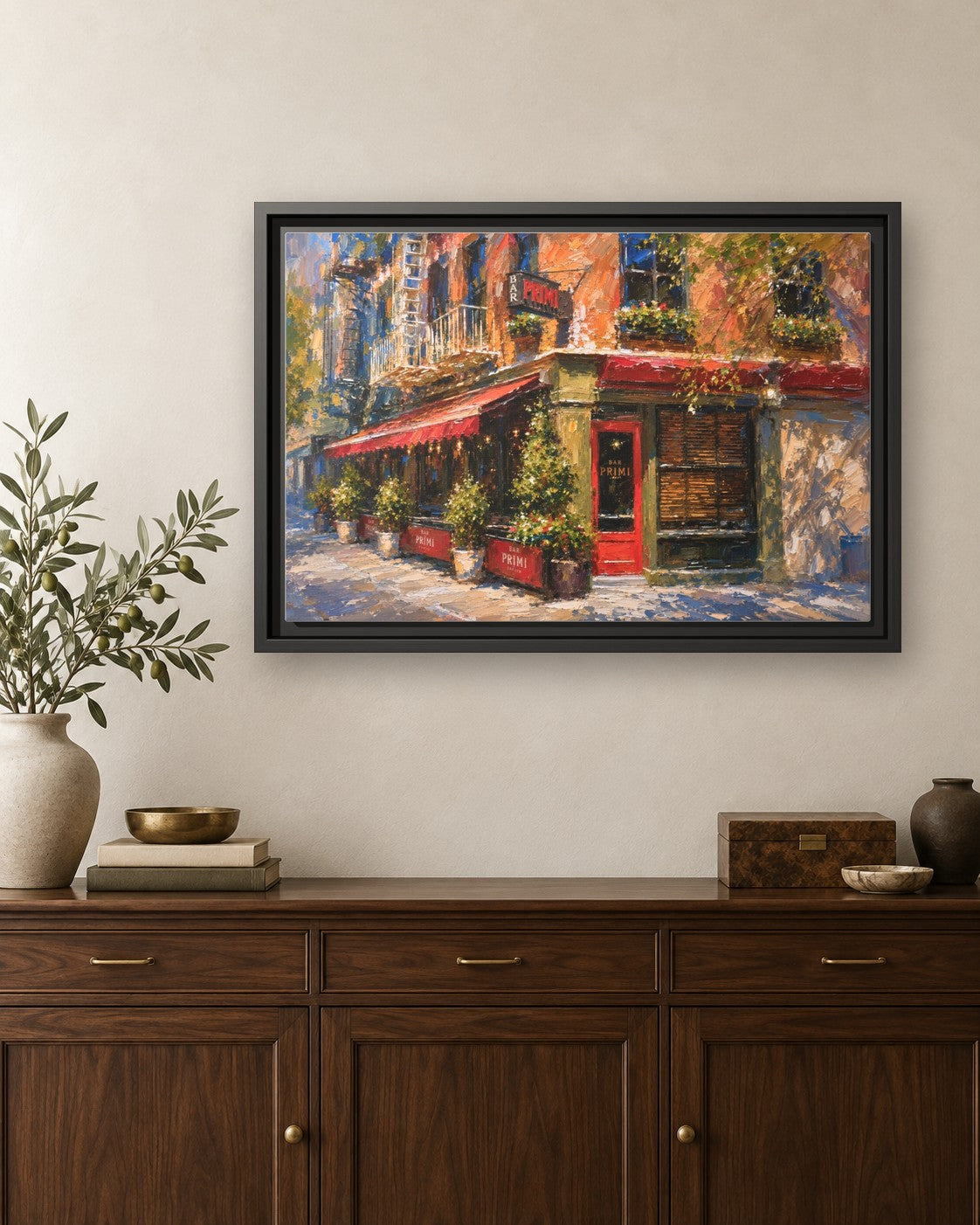 Bar Primi framed canvas print hanging above a credenza