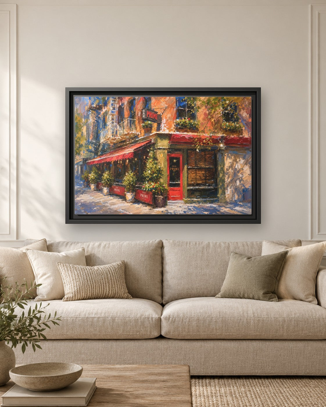 Bar Primi framed canvas print hanging above a sofa