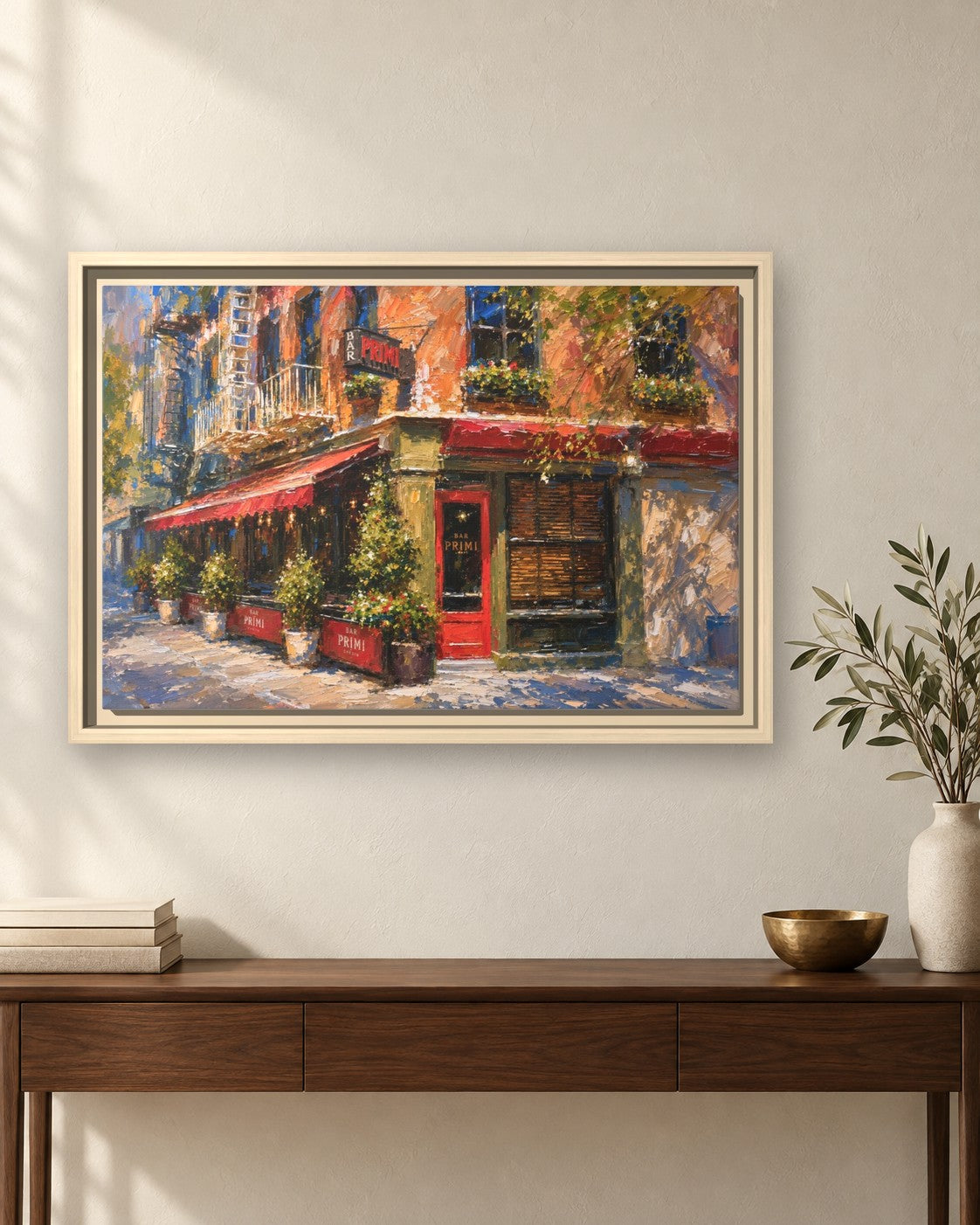 Bar Primi framed canvas print hanging above a sideboard