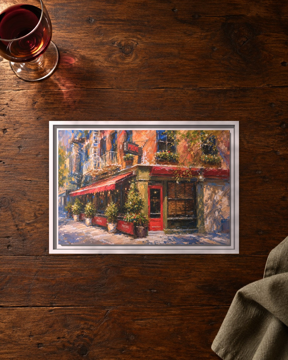 Bar Primi framed canvas print lying on a table