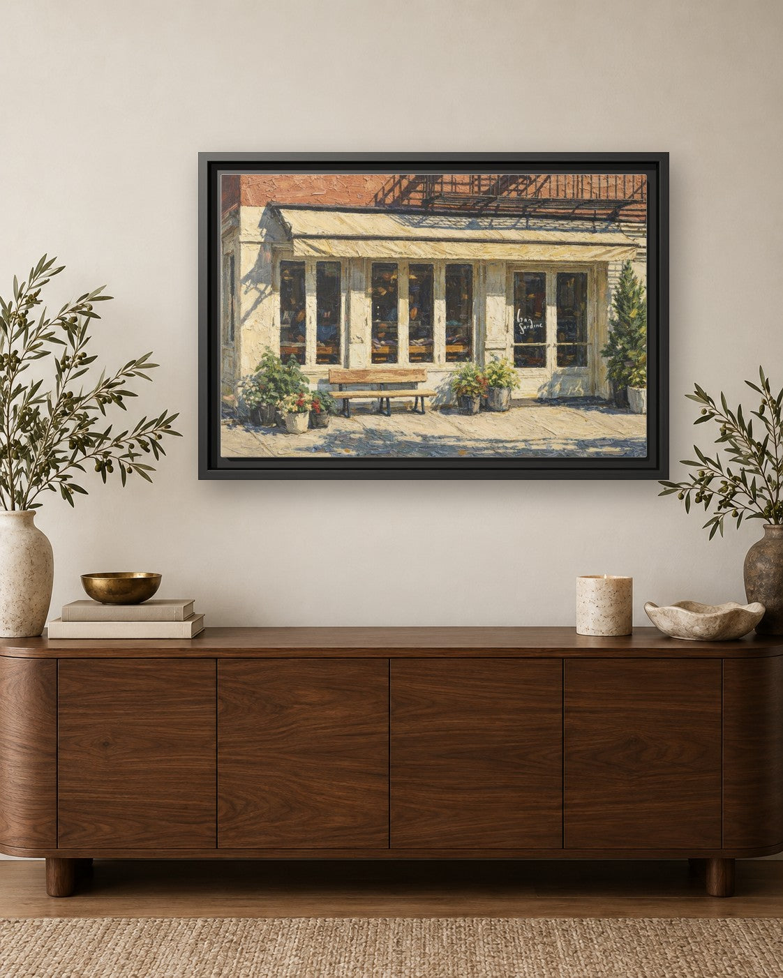 Bar Sardine framed canvas print hanging above a credenza