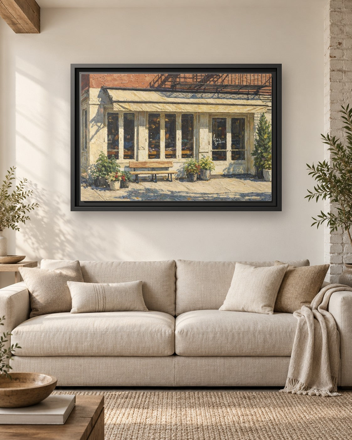 Bar Sardine framed canvas print hanging above a sofa