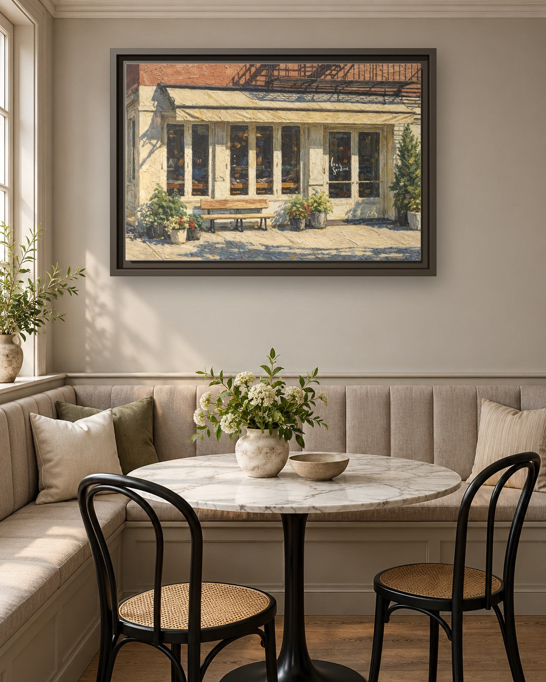 Bar Sardine framed canvas print in a breakfast nook