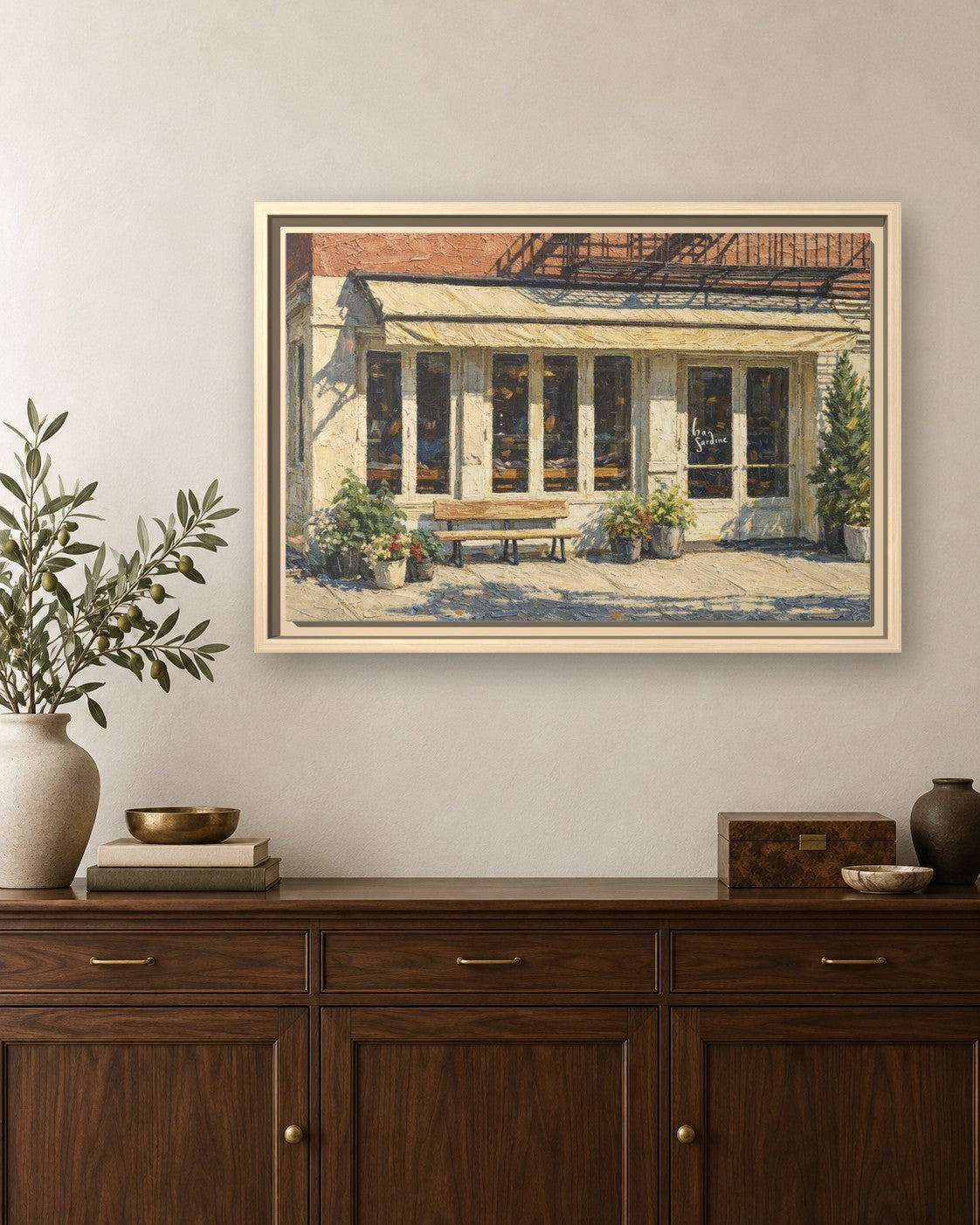 Bar Sardine framed canvas print hanging above a sideboard