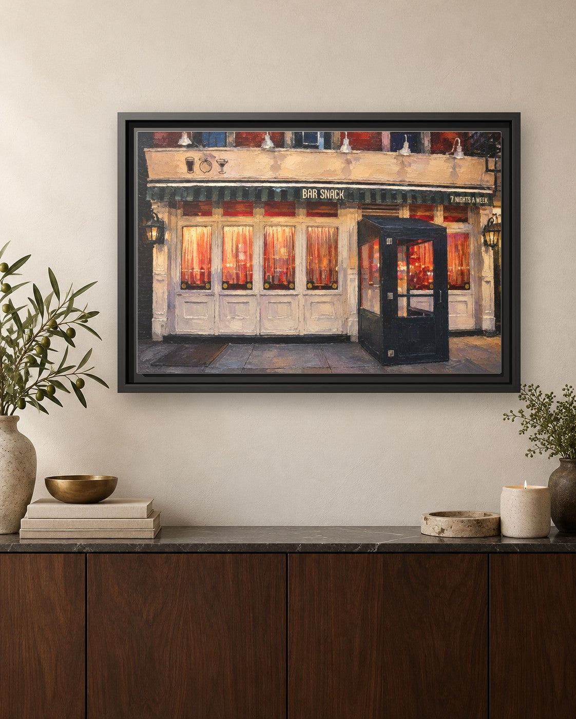 Bar Snack framed canvas print hanging above a credenza