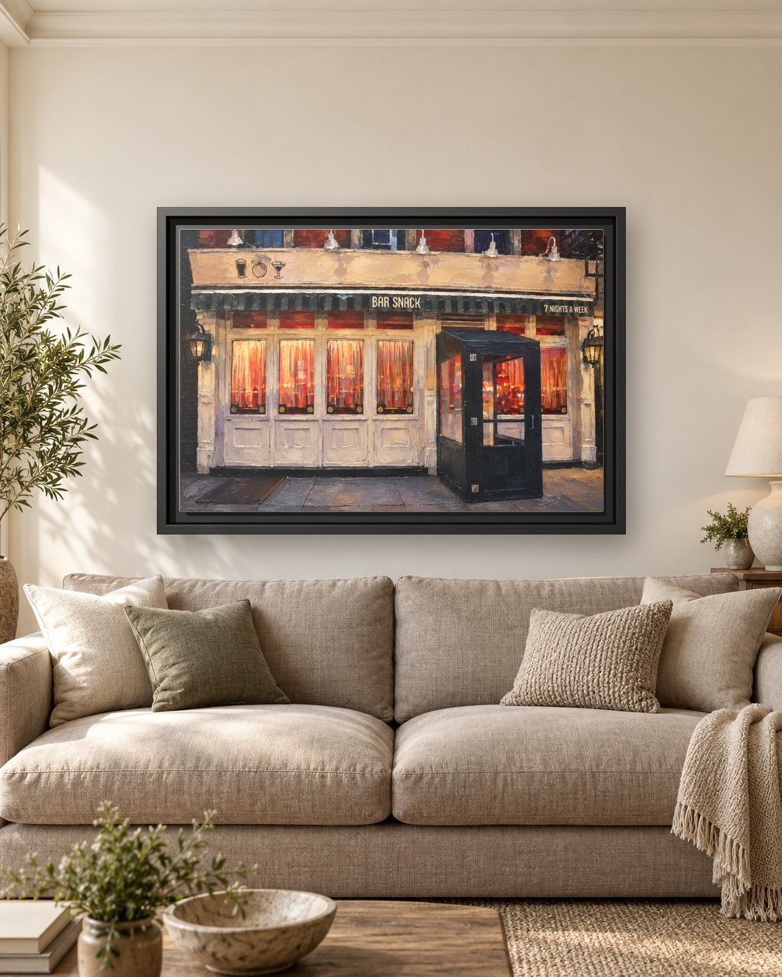 Bar Snack framed canvas print hanging above a sofa