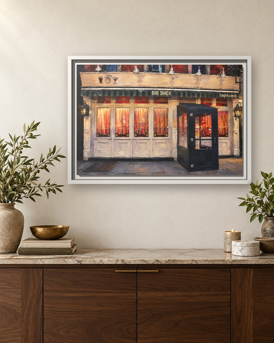 Bar Snack framed canvas print hanging above a sideboard