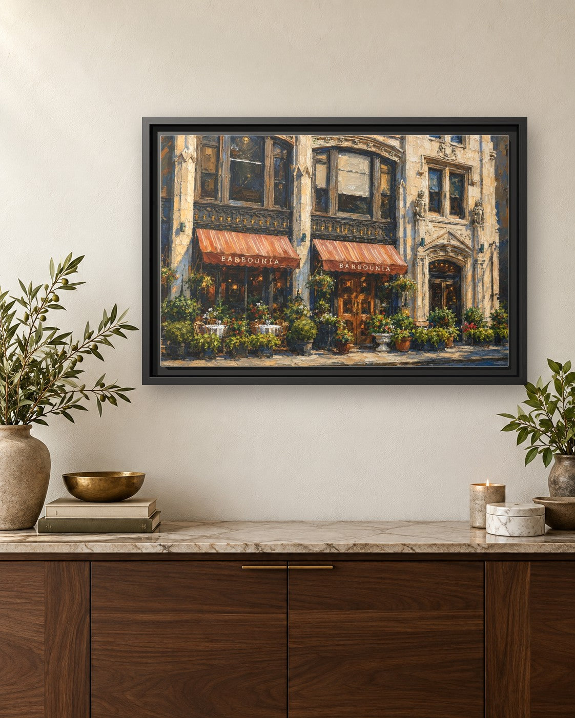 Barbounia framed canvas print hanging above a credenza