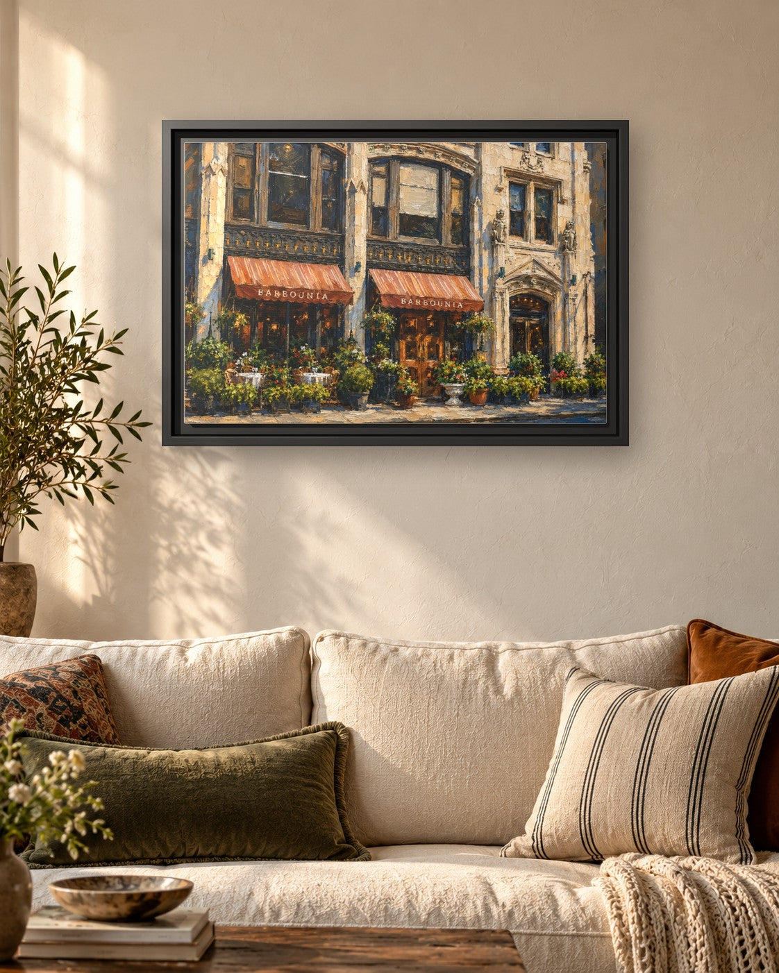 Barbounia framed canvas print hanging above a sofa