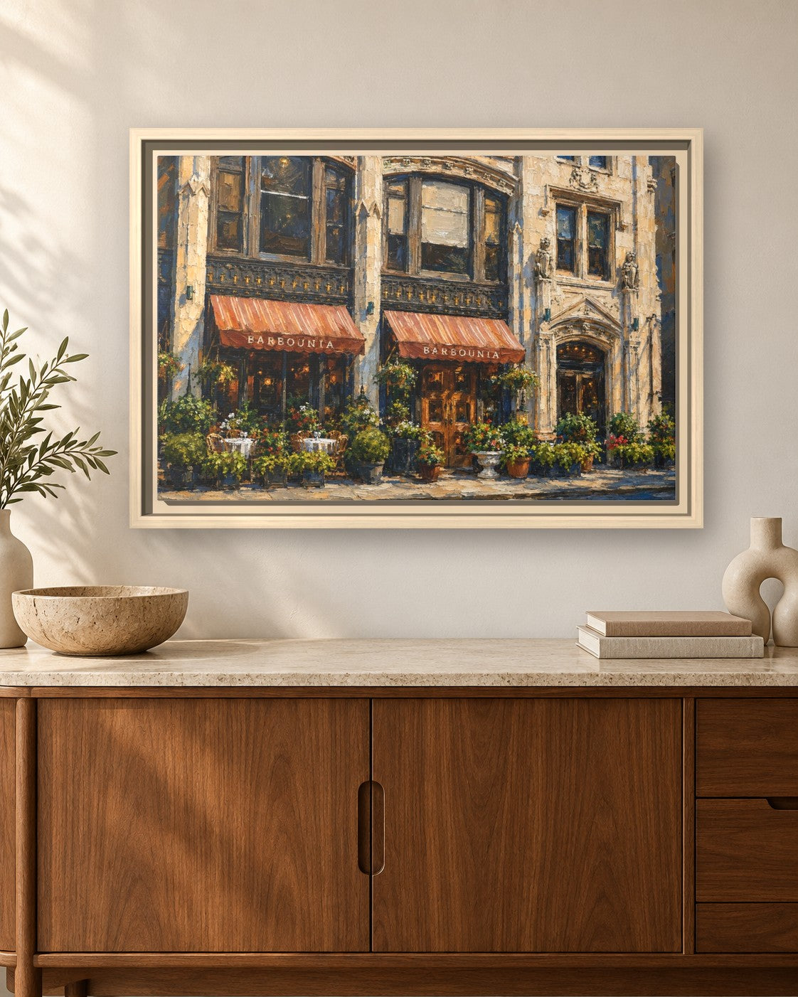 Barbounia framed canvas print hanging above a sideboard