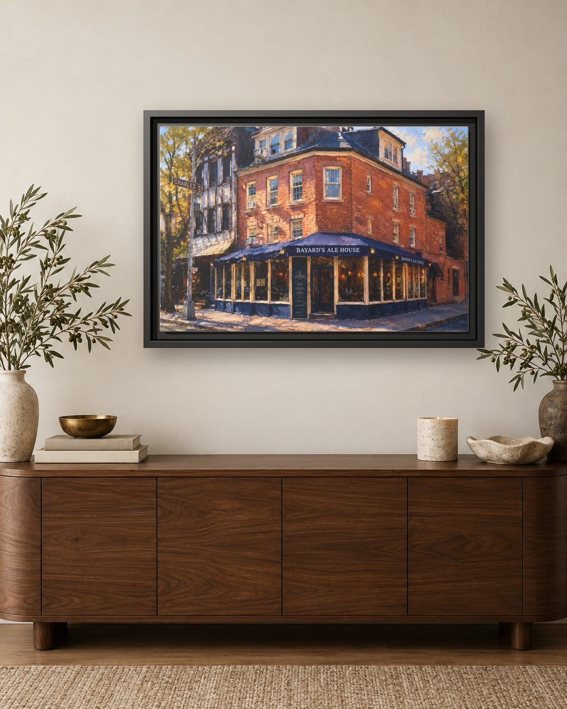 Bayard's Ale House framed canvas print hanging above a credenza
