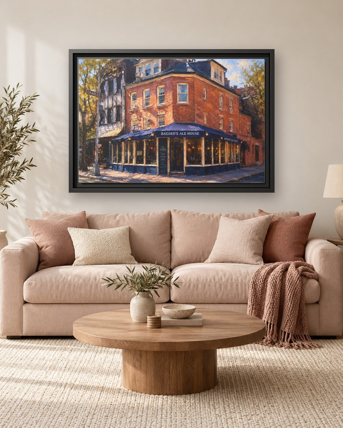 Bayard's Ale House framed canvas print hanging above a sofa