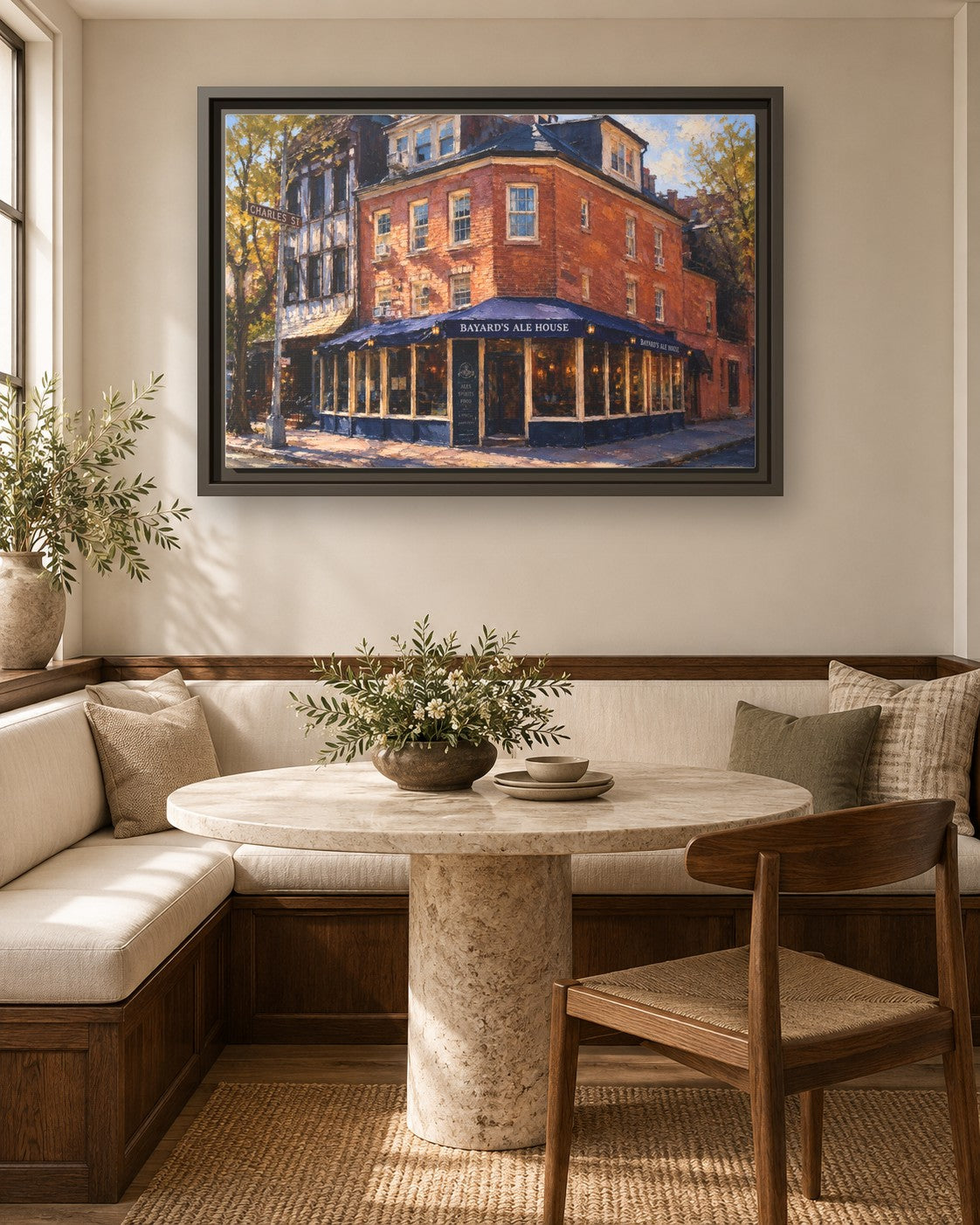 Bayard's Ale House framed canvas print in a breakfast nook