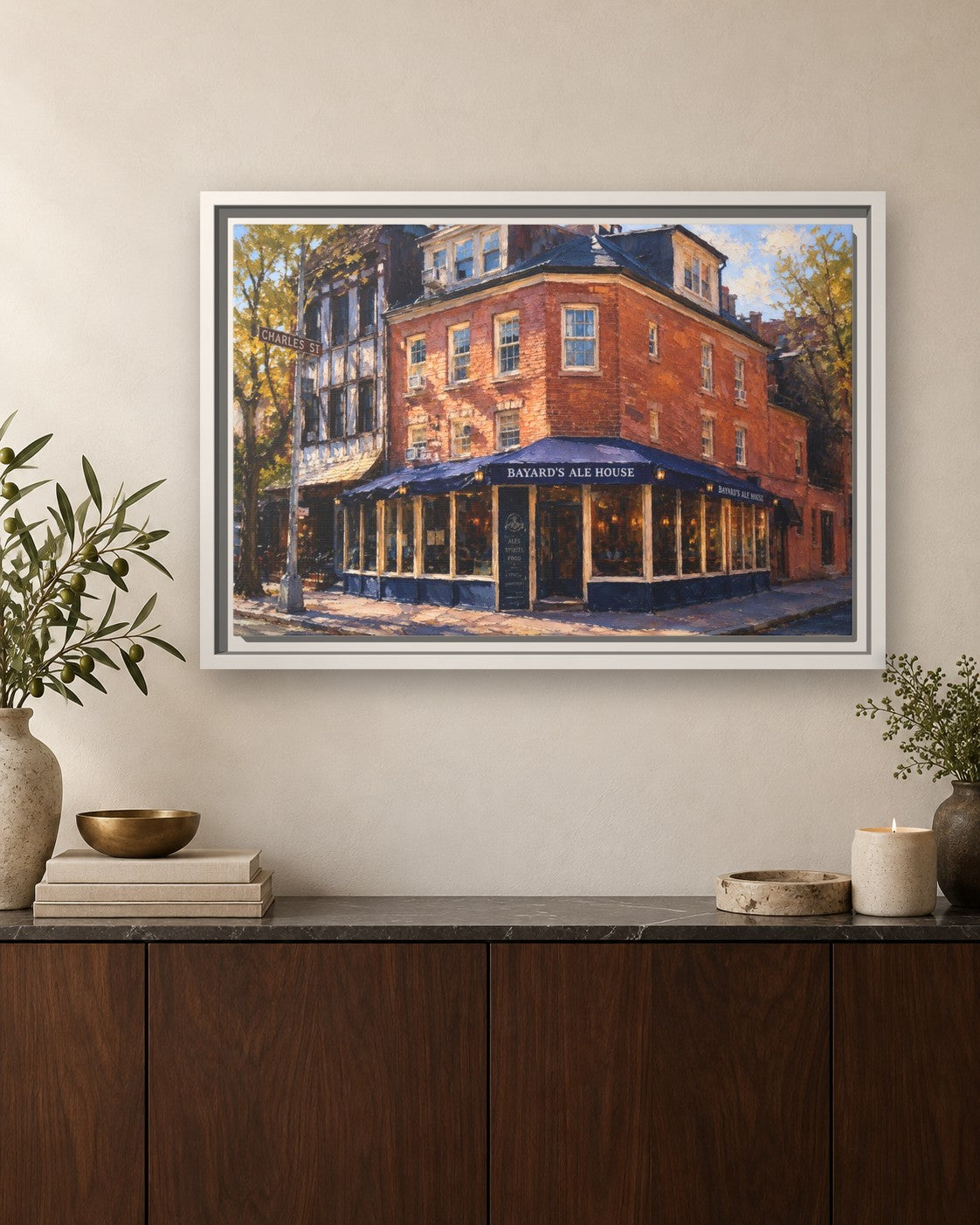 Bayard's Ale House framed canvas print hanging above a sideboard