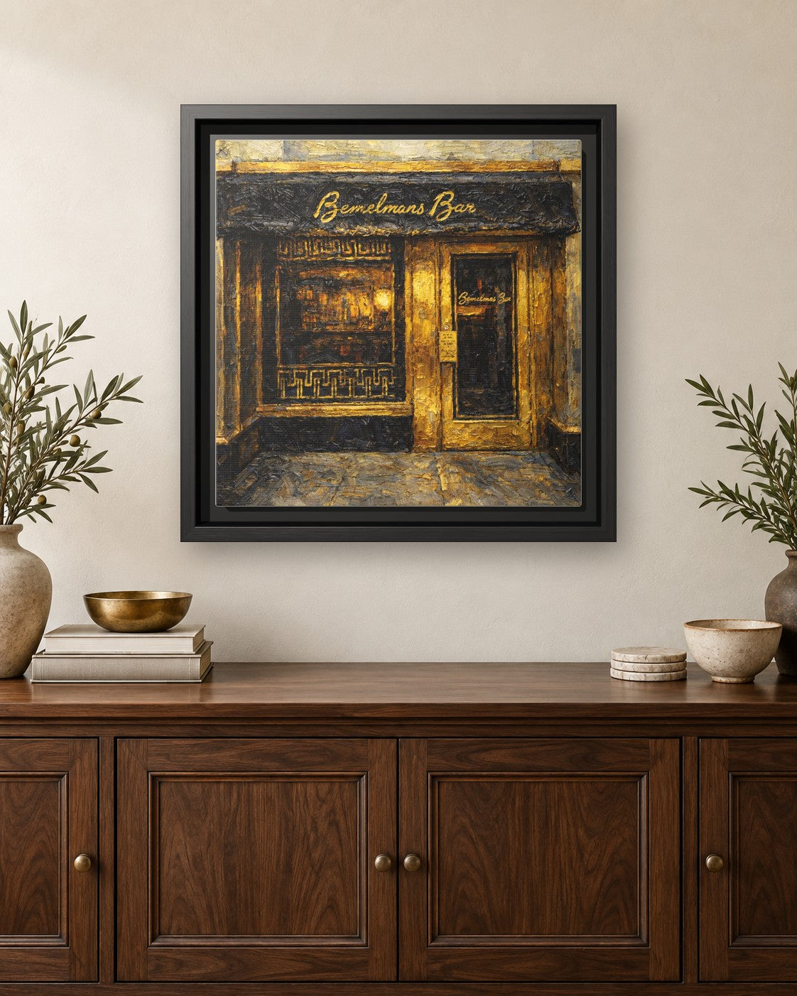 Bemelmans Bar framed canvas print hanging above a credenza